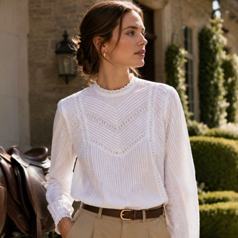 Madewell Pintuck Lace Blouse White Long Sleeve Equestrian Preppy Top Womens M